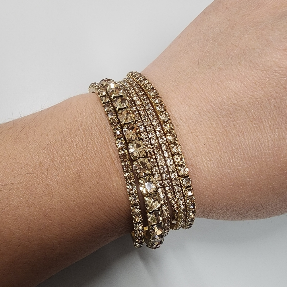 5 Gold-Tone Rhinestone Crystal Tennis Stretch Bracelets Champagne Classy Party
